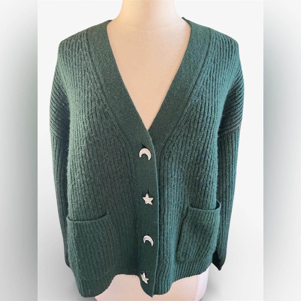 LOFT Forest Green V-Neck Cardigan w/Jeweled Star & Moon Buttons Size Large - Picture 3 of 11